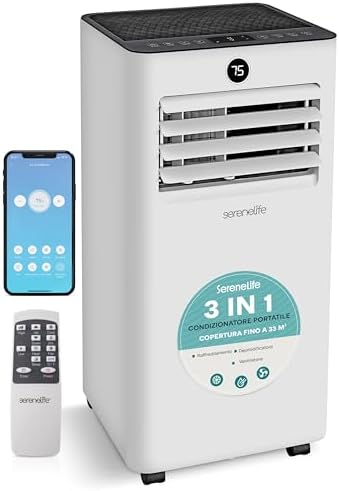 SereneLife Condizionatore Portatile 7000 BTU, Climatizzatore Portatile WiFi con Raffreddamento, Ventilatore e Deumidificatore, Kit Finestra, Timer, 28 m², Pinguino Condizionatore, Casa e Ufficio