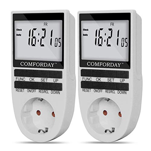 Comforday Presa Temporizzata, Confezione da 2, Programmabile Timer Digitale Presa Elettrica con Display LCD, Modalità Antifurto Casuale Risparmio Energetico, Bianco