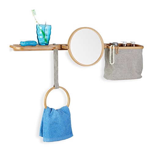 Preisvergleich Produktbild Relaxdays Badablage Bambus, Badzubehör Set mit Spiegel, Seifenablage, Ringhandtuchhalter, Behälter, für Wand, natur