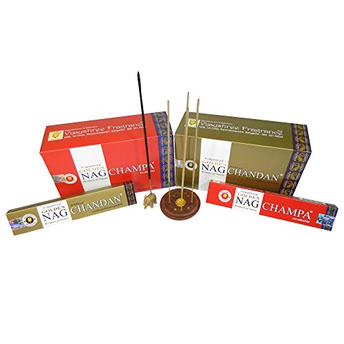  Räucherstäbchen Set 180g Golden Nag Chandan und 180g Golden Nag Champa mit zwei Räucherstäbchenhaltern 