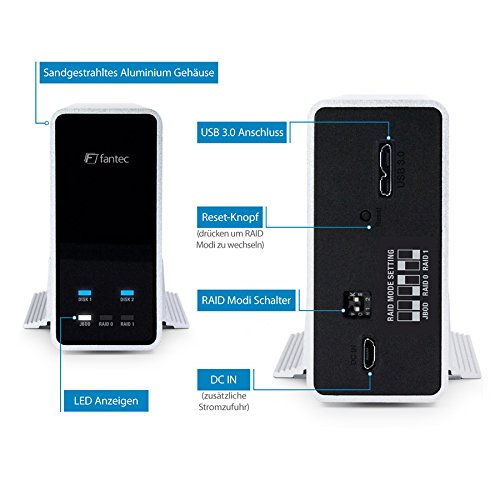 FANTEC mobiRAID X2 Externes Festplattengehäuse (für 2x 6,35 cm (2,5 Zoll) SATA HDD oder SSD, RAID Funktion 0/1/JBOD, USB 3.0 SUPERSPEED, UASP, Aluminium Gehäuse) silber - 8