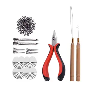 200pcs Silicone Micro Rings Hair Extension Tools Kit: Three-hole Hair Pliers, Micro Pulling Needle, Loop Threader and Silicone Micro Links (Dark brown)