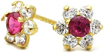 Little Treasures 14 ct Gold Stud Earring red and white CZ Cluster Yellow Gold Earring W/Safery-Back For Kids &amp; Teens