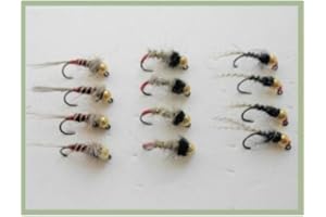TROUTFLIESUK Jig Nymphs, trout flies 12 x Hares Ears & Black red Head Size 12 to 16, BARBLESS