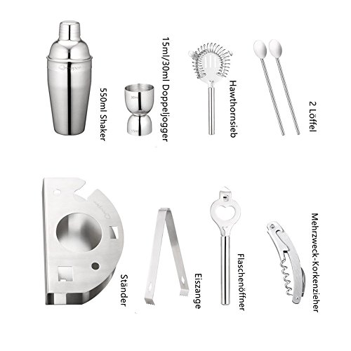 CocktailShaker, Edelstahl Cocktail Set Wodka Shaker für Cocktails 7 Stück 550ml Mit Bar Kit Elegant Silber Mixer für das Geschenk der Mutter und Vatertag - 3