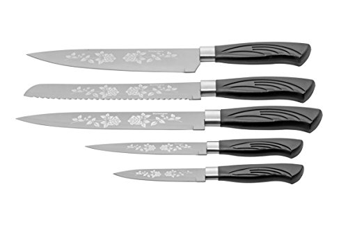 Esmeyer 291-554 5-teiliges Messerset „FLOWER“, inkl. Block, mit titanbeschichtete Klingen aus hochwertigem Edelstahl mit Lasergravur in Rosendesign. - 6