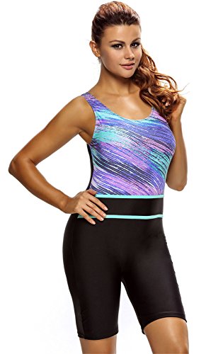 SZIVYSHI One Piece Sleeveless Padded Cropped Crop Shorts Bottom Modest Suit Swimwear Swimsuit Bathing Suit Beach Wear Beachwear Swimming Suit Black Blue 2XL