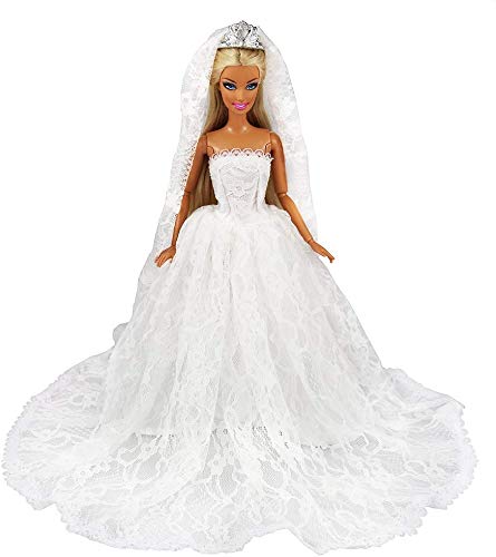 Miunana 1 Vestido Novia Ropa Vestir Boda + 1 Velo como Regalo para 11.5 Pulgadas 28 -30 CM Muñeca - Blanco