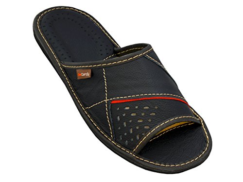 BeComfy Zapatillas de casa para Hombres 100% Cuero genuino punta abierta | Ligera y suave | Disponible en tres colores y con caja de regalo 40 - 46 EU Modelo XC64 (44 EU, Rojo-Negro)