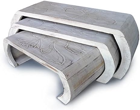 Nesting tables ,set of three with Lotus carvings.Hand made and fairtrade.