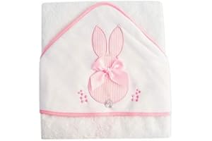 NOSBEBES ® Fabriqué en EUROPE Sortie de bain brodé, peignoir, 100% COTON idee cadeau naissance bébé, Serviette de Bain Bébé (BLANC ROSE LAPIN 2)