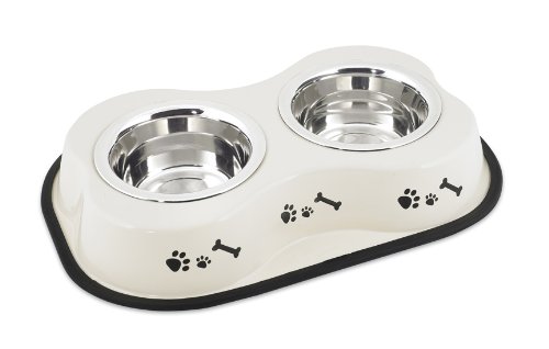 Buddys-Line-Bone-Shaped-Stainless-Steel-Double-Diners-Pet-Bowl-Bone-and-Paw-Print-Ivory