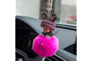 SYSUII Auto Rückspiegel Ornament,Bling Strass Rückspiegel Anhänger Süße Puppe Plüsch Ball Auto Hängende Anhänger Niedlich Auto Spiegel Anhänger Auto Innen Dekoration Geschenke für Frauen Männer-Rose