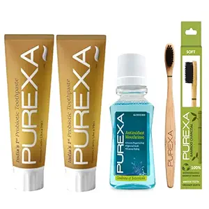PUREXA TWO Anticavity Probiotic Toothpaste | ONE Antioxidant Mouthrinse For Bad Breath and Cavity Fighter Mouthwash | One Bamboo Charcoal Soft Toothbrush For Teeth whitening, Antibacterial and Biodegradable For Adult and Kids