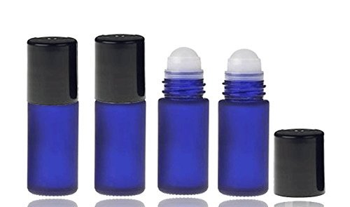 Grand Parfums Frosted Blue Large 30Ml Roll On Empty Glass Bottles -Essential Oils Refillable 1 Oz Glass Roller Ball Roll-On 30 Ml Cobalt Blue Glass W/ Upscale Shiny Black Caps By (4 Bottles)