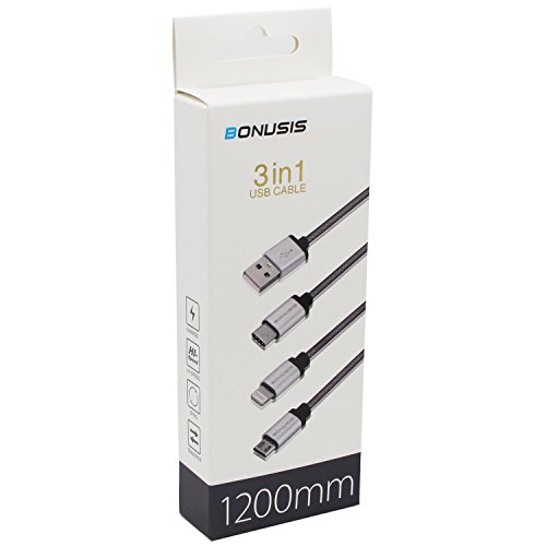 BONUSIS 1,2 m/Sandsackset 3 in 1 Geflochten Ladekabel für alle mobile Geräte – Laden Ihre Geräte Drei AT A TIME. – Android, Windows, Blackberry, Apple Handys und Tablets, silber, Type C + Micro + Lightning - 6