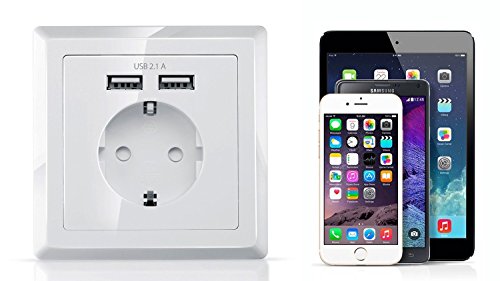 Shoot USB Presa Schuko con 2Â X USB 230Â V 220Â V Bianco, il carico di tutti i dispositivi iPod iPhone iPad Smartphone MP3Â passent in Standart unterputz Incasso