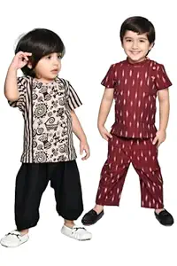 Baby Boys' Clothes Top Pyjama Set (Combo Pack of 2 Set) 2-3 Years Toddler Kids Cotton Set (Beige:Black & Maroon)