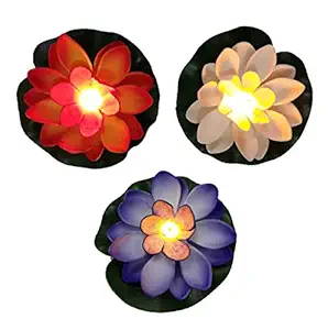 AFTERSTITCH Multi Color Changing Floating Lotus Flower Shape floting LED Candles Diya for Decoration ( Batteries Included, Water Sensor ) Set of 3 Pieces