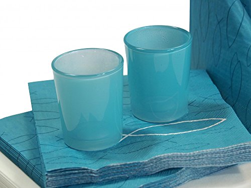 SET: 40 Servietten + 2 Teelichtgläser, Fisch Petrol Blau Weiß Kommunion Konfirmation Tischdeko - 6