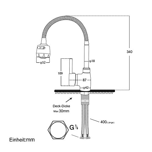 Küchenarmatur mit ausziehbarer Geschirrbrause 2 Strahlarten Hoher Auslauf 360°Schwenkbereich aus Messing verchromt - 6
