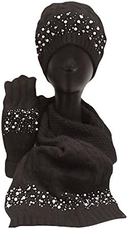 Scarf, Hat and Glove Set with Pearl Bead and Diamante Sparkle. Soft, Warm and Glamorous (Black)