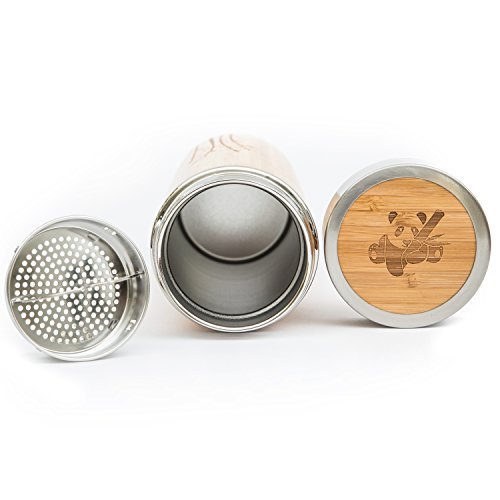 pandoo ♻ Bambus Thermobecher – doppelwandige Thermoflasche, Reisebecher, Teebereiter, Teeflasche, Trinkflasche mit Edelstahl Teesieb- BPA-frei – Tea to-go - 3