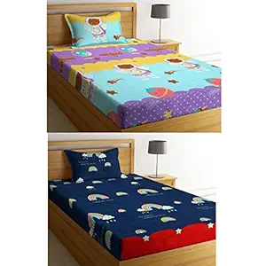 NEW LEAF Cotton Feel Soft and Smooth Cartoon Printed 2 Single Bedsheets Special for Kids or Your Baby with 2 Matching Pillow Covers (Space & Ranbow)