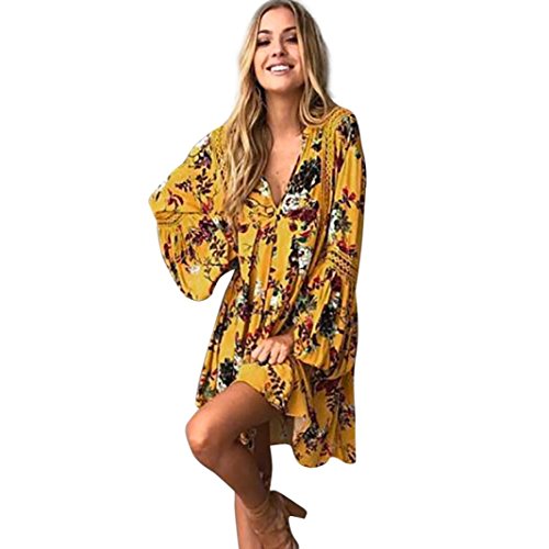 Vestito Donna Elegante, Yesmile Estate Lunga Maxi Boho Abito da Sera c a Abito Donna Elegante Casual Spiaggia Dress Partito (Giallo, M)