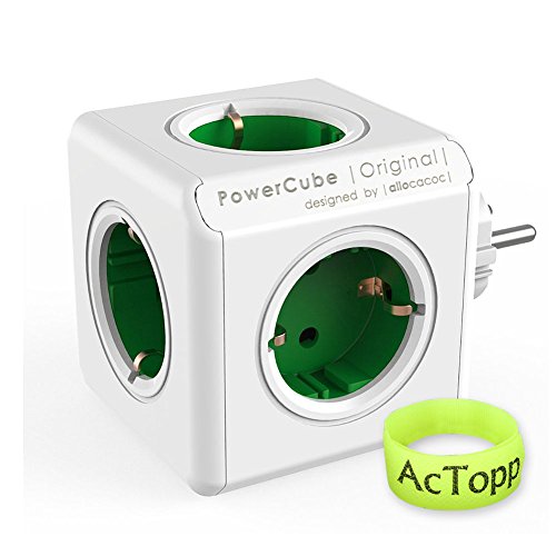 AcTopp Allocacoc Powercube Enchufe de Regleta Adaotador de Viaje con 5 tomas Forma de Cubo Ahorro de espacio Ladrón de Enchufe Color Verde+Blanco