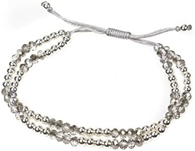 Silver Plated Beaded & Crystal Grey Cord Friendship Bracelet
