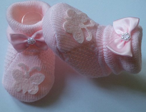 Baby Girls Pink Butterfly Fancy Bow Knitted Booties- In Gift Bag- 0-3 Months