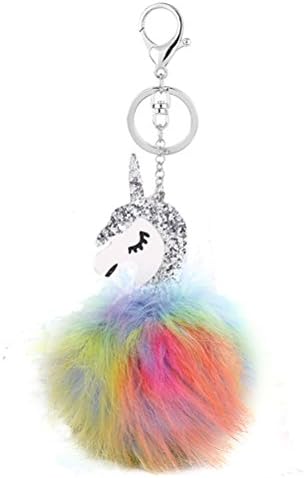 WANTING Soft Pom Pom Fluffy Unicorn Key Chain Bag/Cell phone/Keys Hanging Pendant Decorations Pop Keyring (Silver)