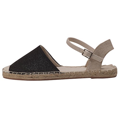 Japanwelt Damen Espadrilles Glitzer Canvas Sandalen Offen mit Riemchen Sommerlatschen Leinen Schwarz Beige Größe 39 - 4