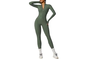 Litthing Women Yoga Jumpsuit Sports Romper Long Sleeve Unitard Stretchy Playsuit Zip Up Workout Outfit Slim Fit One Piece Smooth Touch Bodysuit Fitness Sportswear Daily Wear