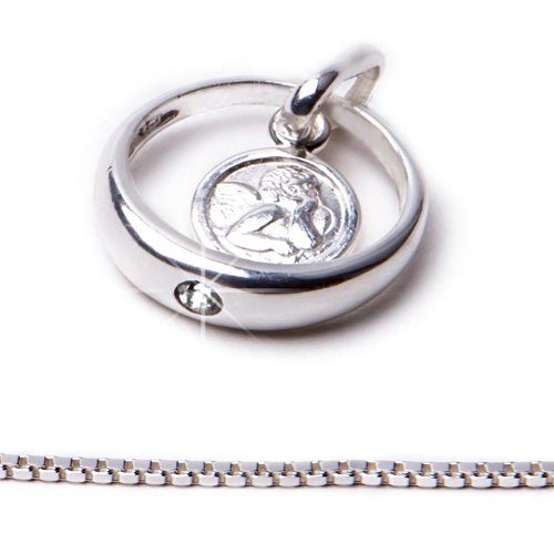 Silberne Kinderkette mit Anhänger Taufring Schutzengel und Zirkoniastein weiß Ø 12 mm, Veneziakette 925/- Sterling Silber 1,0 mm, Länge ca. 36 cm, Taufgeschenk - 2