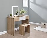 Marlow Eiche und Weiß Lift up Verspiegelt Set Schminktisch mit Hocker