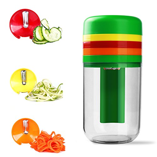 Cortador Espiral Verduras /Frutas Cortador de Verduras Manual Multifuncional ,3 en 1 Máquina Mini de Cortar con Recipiente pequeño, Mango Ergonómico Hojas Afiladas para Patatas /Pepinos /Calabacín /Rábanos /Remolachas /Quesos /Fideos Ect -Uvistare