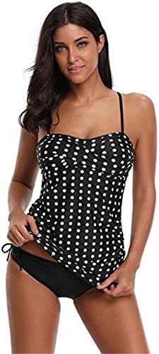 Ibelive Women's Two Pieces Striped Polka Dot Twist Bandeau Padded Tankini Swimsuit with Briefs (Black-Polka Dot, L)
