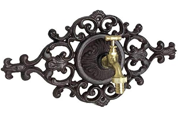 L'Héritier Du Temps Fontaine de Charme Murale Source en Fonte Patinée Marron Robinet Laiton Doré 10,5x19x35cm