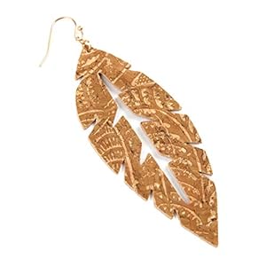 RIAH FASHION Bohemian Delicate Thin Metallic Lightweight Cutout Drop Earrings - Filigree Hook Dangles Petal Leaf, Tree of Life, Cork (Cork Leaf Cutout - Light Brown)