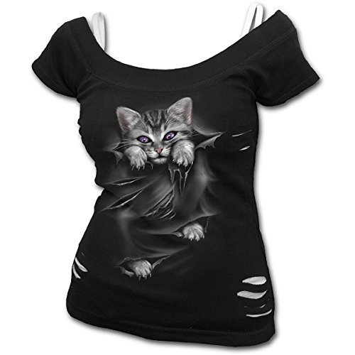 Spiral Direct Bright Eyes-2in1 White Ripped Top Black Camiseta, Negro (Black & White 008), 44 (Talla del Fabricante: Large) para Mujer