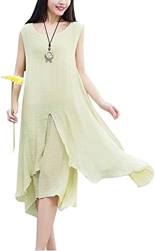 Gearia Women Linen Cotton Crewneck Sleeveless Irregular Hem Loose Baggy Long Maxi Dress Green Large