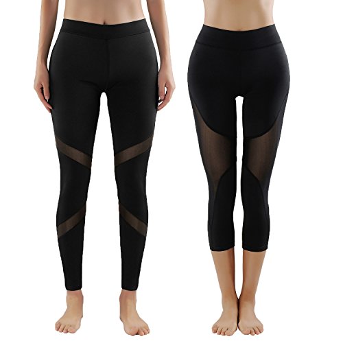 GoVIA Pacchetto di 2 Leggings Donne Pantaloni di Corsa con Inserti in Rete Fitness Yoga Pantaloncini Sportivi Vita Alta Tessuto a Rete permeabile all'Aria 4132+4135L S/M