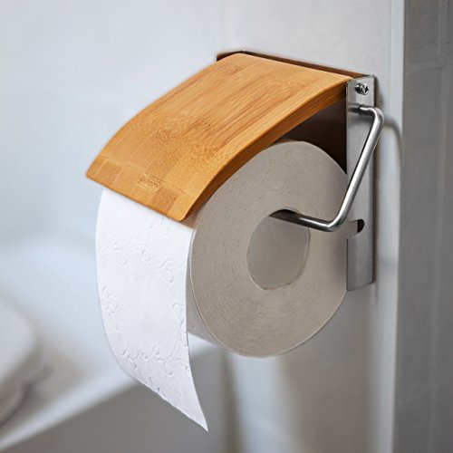 Relaxdays 10019179 Toilettenpapierhalter H x B x T: 13,5 x 14,5 x 13,5 cm WC-Rollenhalter für 1 Klopapierrolle zur Wandmontage aus Bambus und rostfreiem Edelstahl als Wandrollenhalter für das Badezimmer, natur - 2