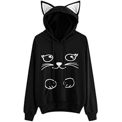 Sudadera con capucha para mujer Gato Manga larga Pullover Tops Blusa camisa de niña Abrigo de mujer LMMVP (M, Negro)