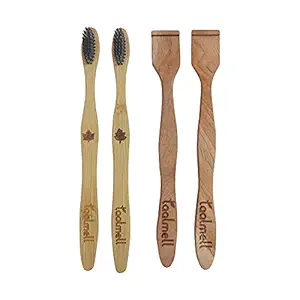 Taal Mell Bamboo Toothbrush and Neem wood Tongue Cleaner with Activated Charcoal, BPA Free bristles ( Pack of 2 each)