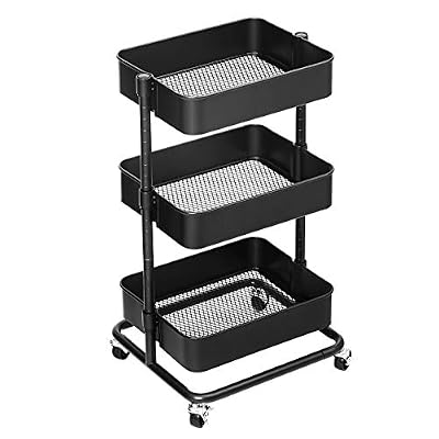SONGMICS Chariot à 3 Niveaux, Desserte, Étagère de Rangement Mobile, Tablette réglable en Hauteur, avec 2 Freins, Montage Facile, pour Salle de Bain, Cuisine, Bureau, Noir BSC60B