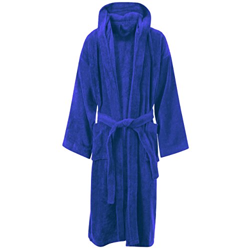Preisvergleich Produktbild Myshoestore® Unisex 100% luxuriöse ägyptische Baumwolle, superweicher velour Handtuchstoff, Bademantel, Schlafröcke, Frottier, Nachtwäsche, Loungekleidung, Hausmantel mit Taschen und Gürtel Gr. Medium, Royal Blue / Hooded