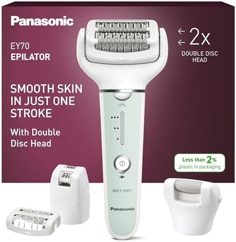 Panasonic ES-EY70-G503 Epilatore Bagnato e Asciutto, Doppio Disco con 60 Pinzette, Testina Flessibile Pivotante a 90°, 3 Impostazioni di Velocità e Luce LED, 30 Minuti di Funzionamento, Cordless
